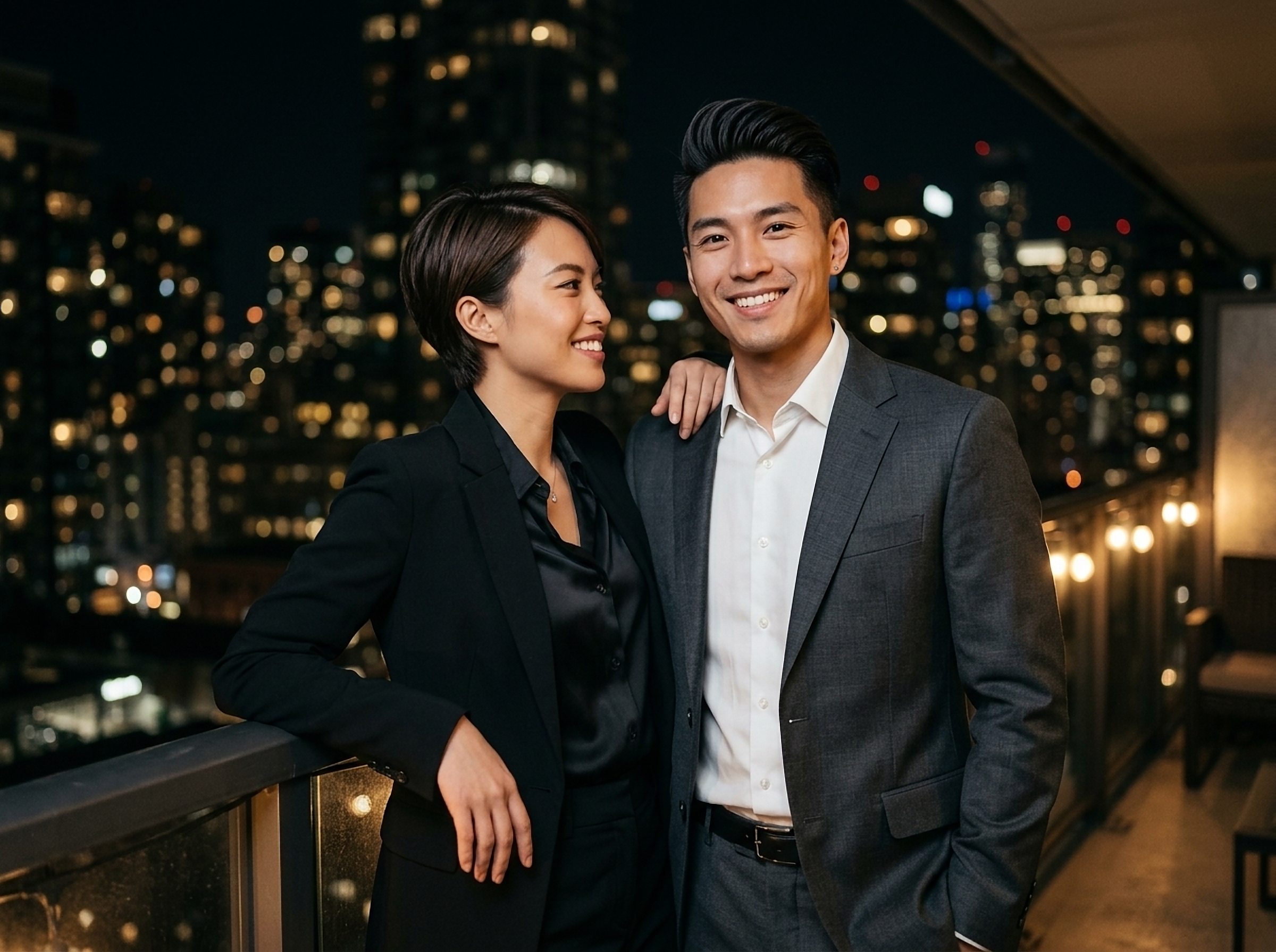 Modern couple on a night city balcony