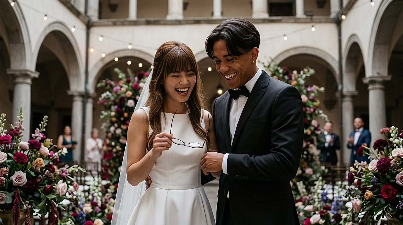 Couple laughing in a flower-filled courtyard