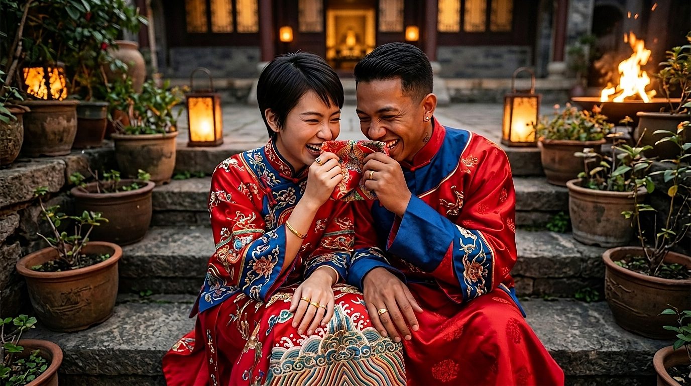 Laughing couple in traditional Chinese wedding dress