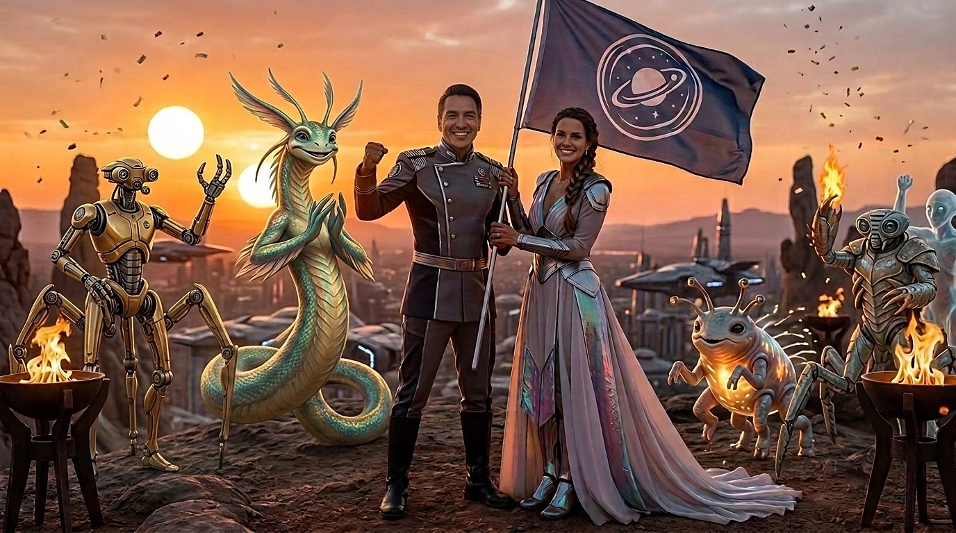 Playful sci-fi wedding celebration