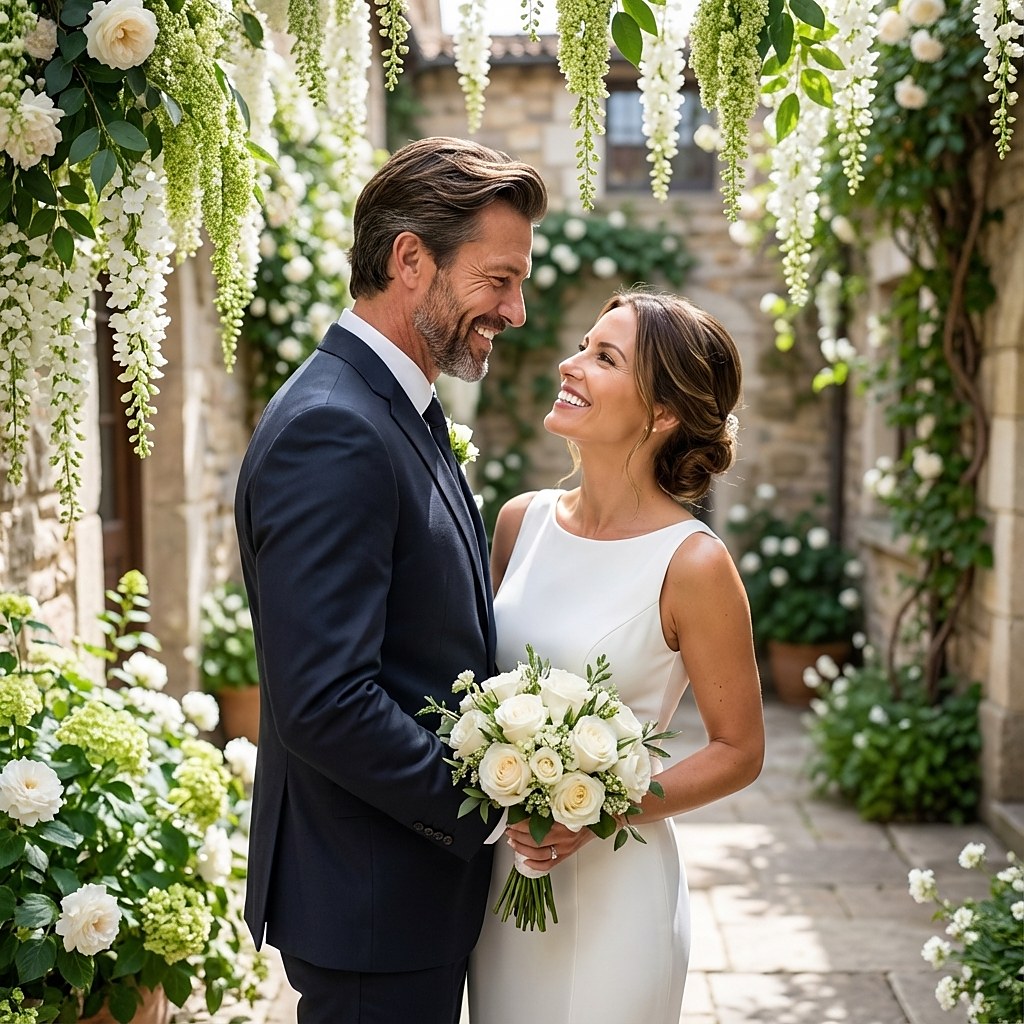 Couple beneath a wisteria stone arch